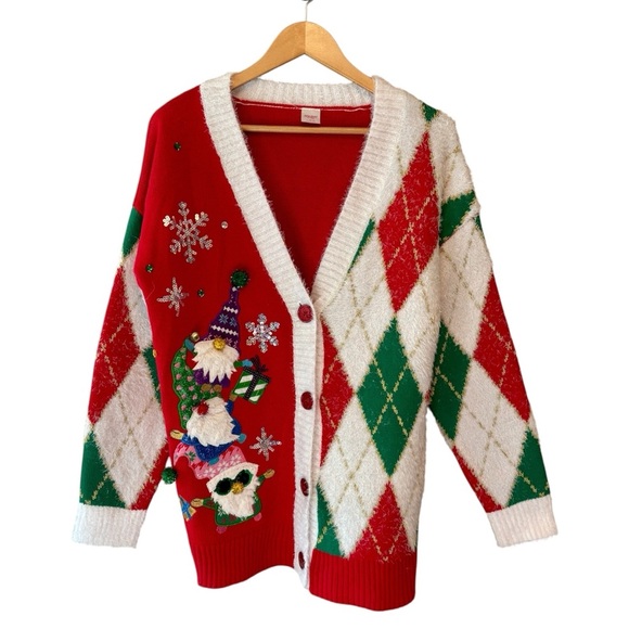 Holiday Time Christmas Gnome Argyle Festive Cardigan Sweater Womens size Large - Picture 3 of 16